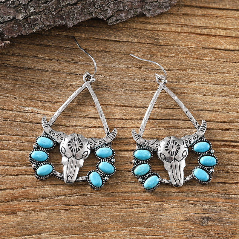 Wholesale Western Style Bull Head Tribal Turquoise Exaggerated Retro Ethnic Style Earrings
